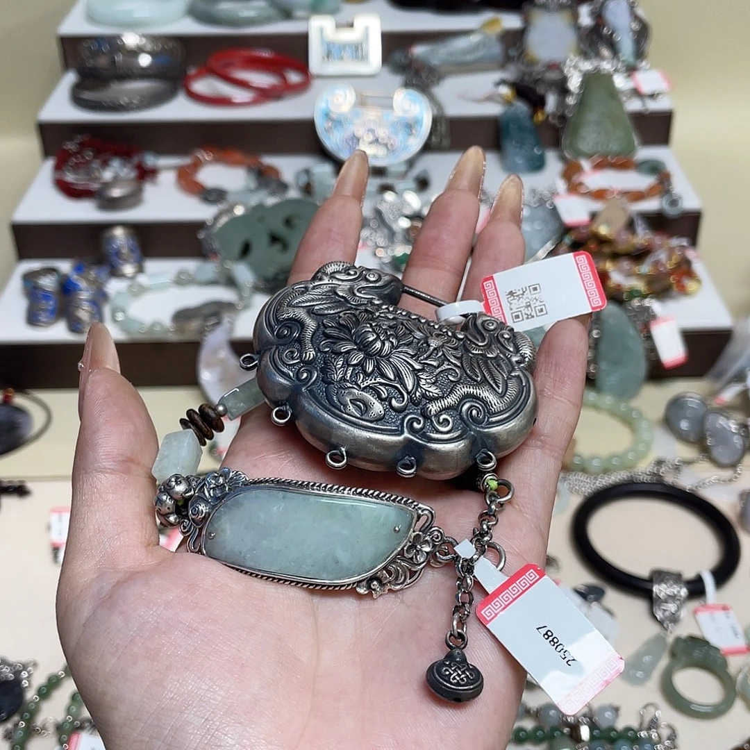 足银皮质925银镶嵌手牌长度23厘米
