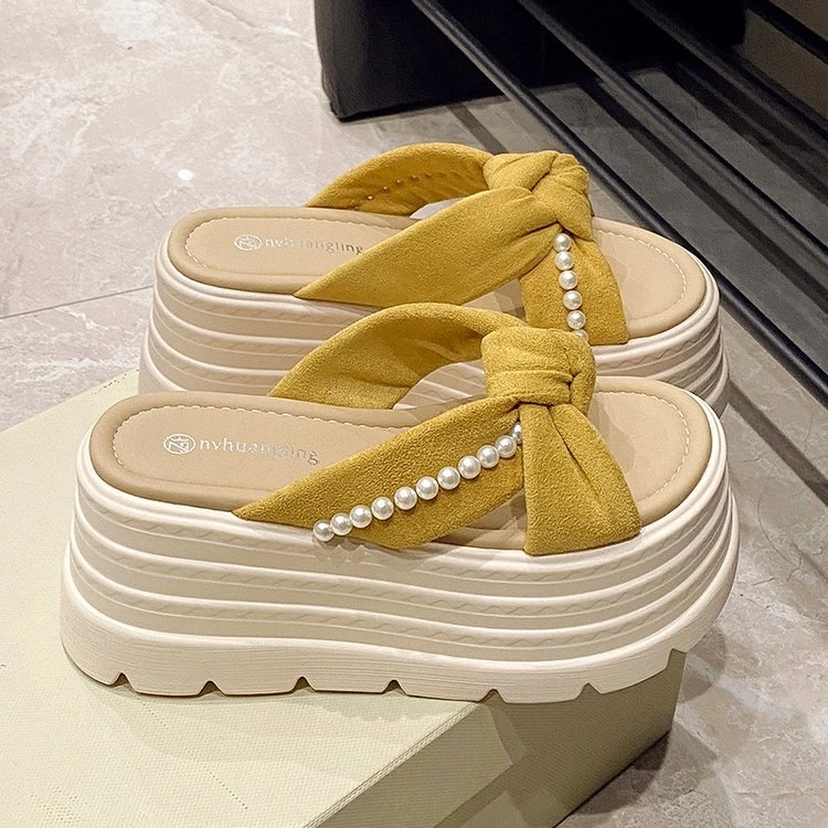 8cm蝴蝶结珍珠水钻增高减龄网红时尚百搭夏外穿厚底新款软拖鞋女