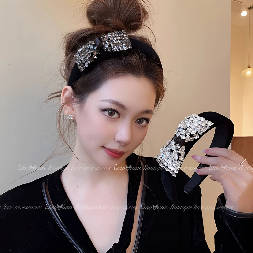 显脸小！轻奢满钻发箍女2025新款复古黑色高颅顶宽头箍蝴蝶结头饰