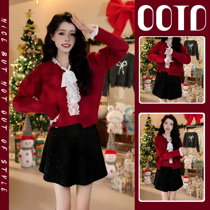 秋冬一整套女装2025新款韩版不规则蕾丝蝴蝶结针织时尚短裙两件套