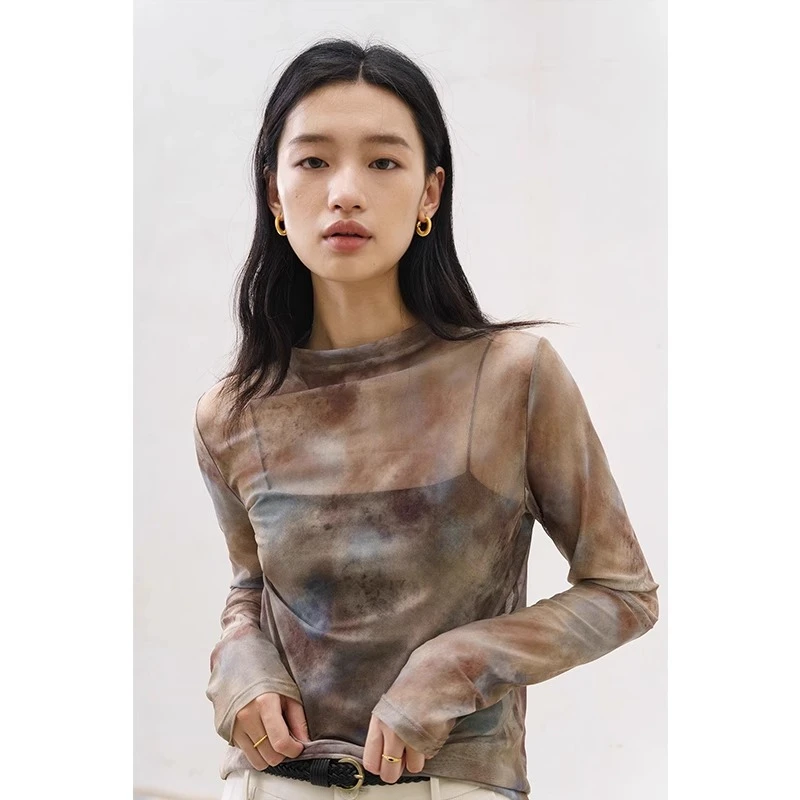 复古印花网纱小衫女春夏季凉感冰丝正肩雪纺t恤防晒上衣空调罩衫