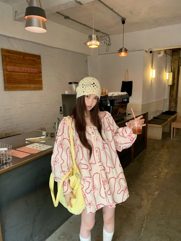 悉尼日光～韩系复古定制面料绣花衬衫百搭设计感时尚ins