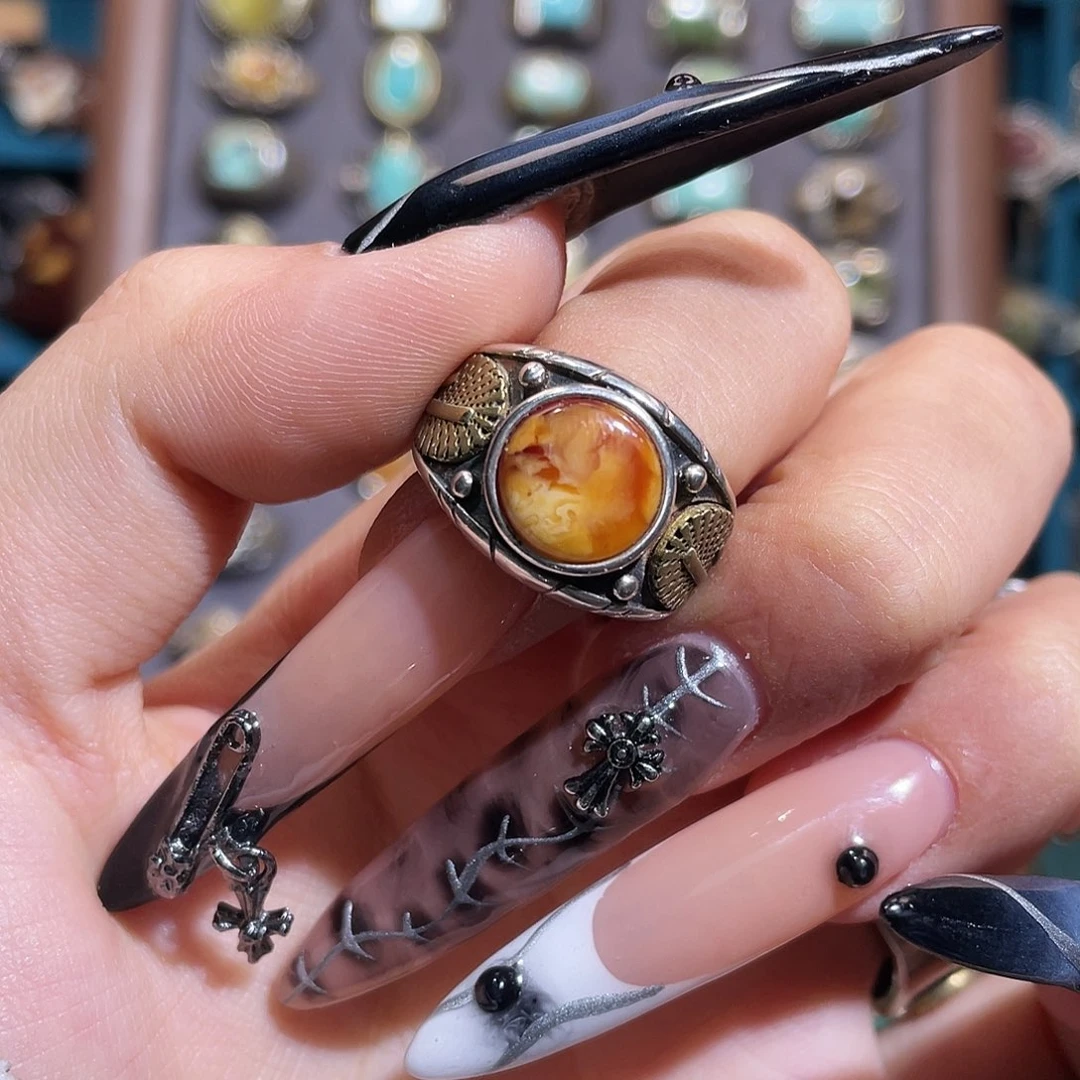 琥珀银S925镶嵌戒指