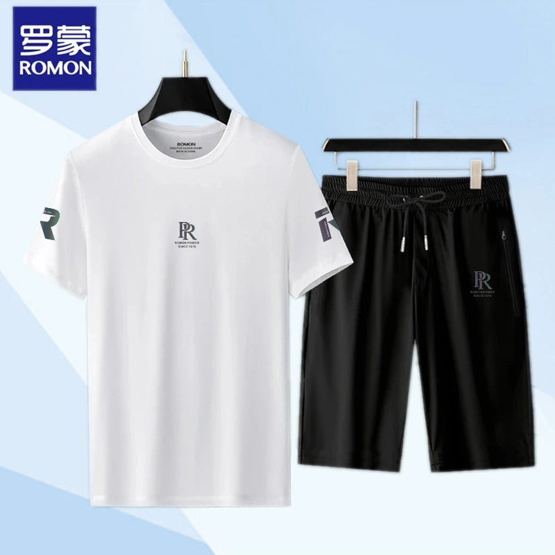 罗蒙009092男士休闲套装夏季新款莫代尔T恤时尚运动圆领短袖套装