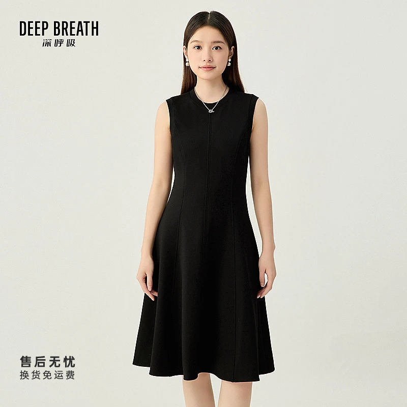 DEEP BREATH深呼吸女装圆领无袖收腰气质小黑裙修身连衣裙A500427