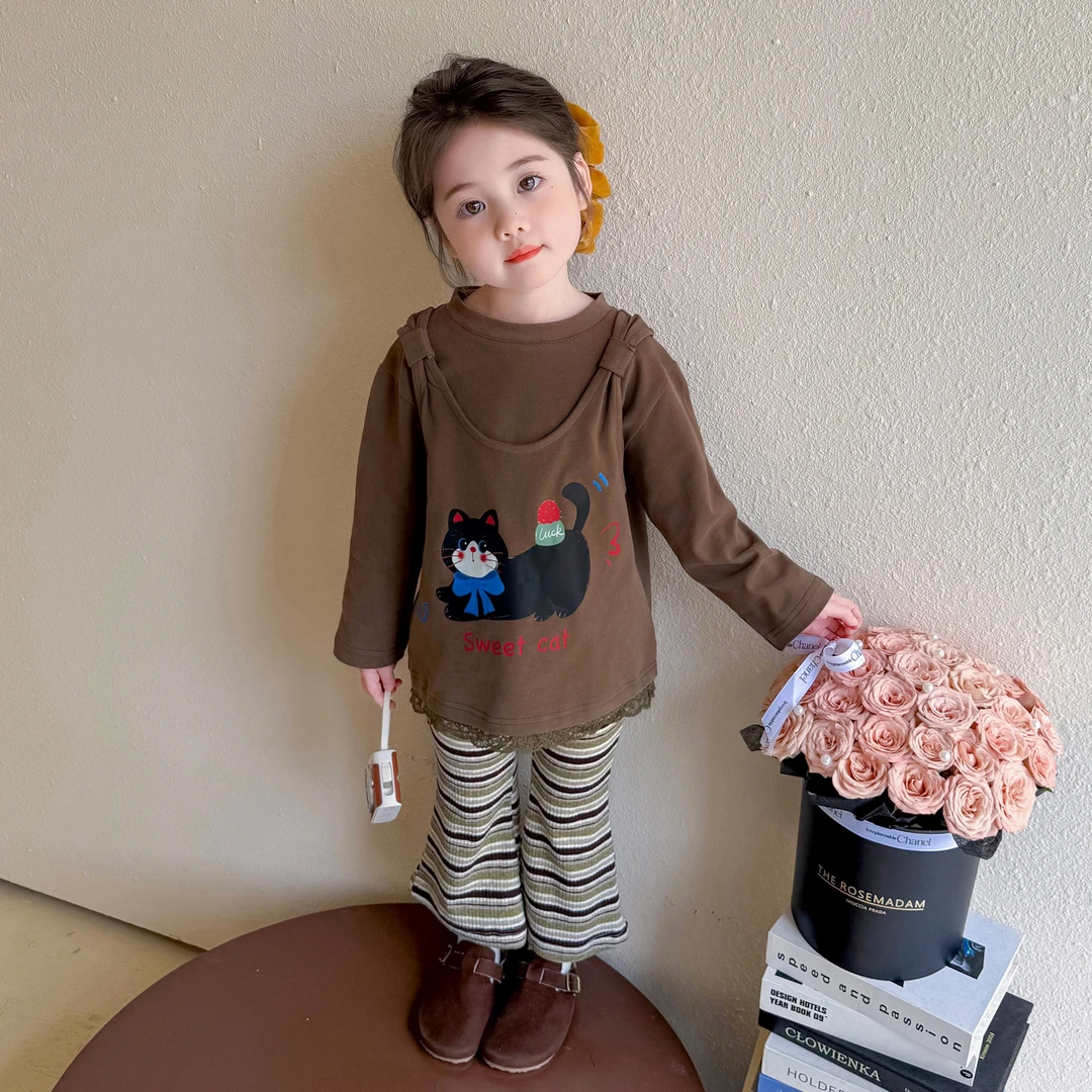 女童秋季2025新款儿童时尚潮流休闲百搭中小童卡通猫咪条纹裤套装