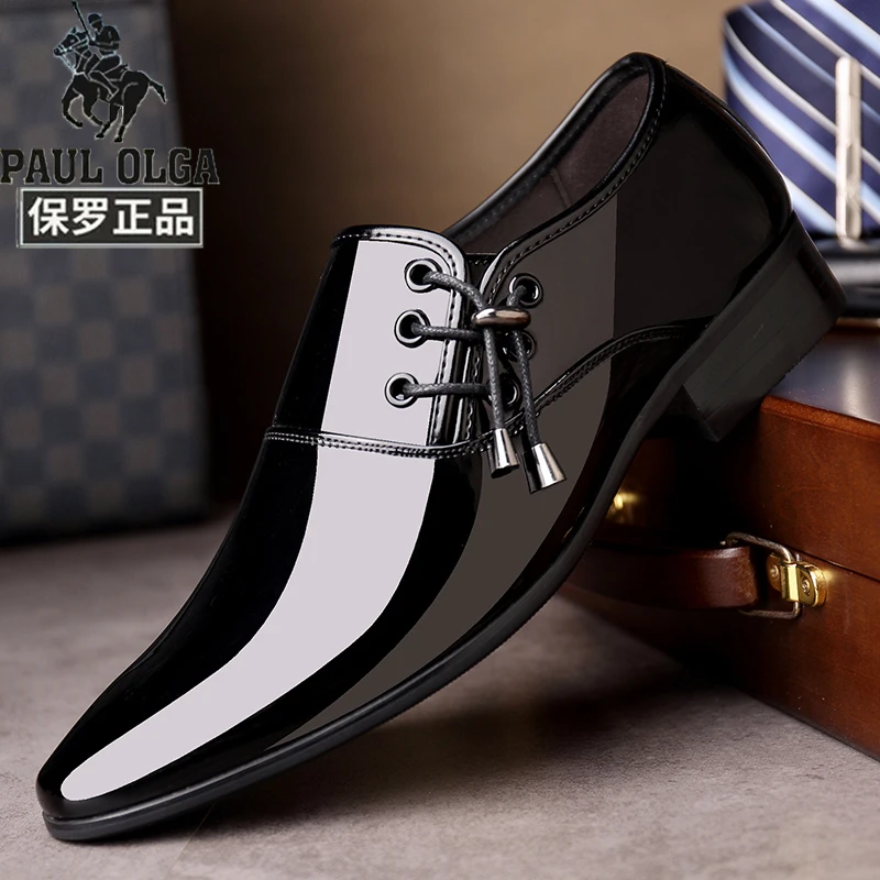 正品保罗男士韩版尖头真皮商务正装经典皮鞋百搭亮面简约结婚皮鞋