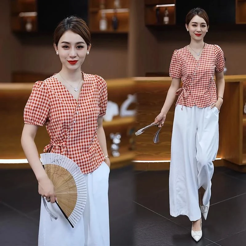 格子短袖女款爆款2025夏季新款洋气感休闲衬衣显瘦百搭上衣