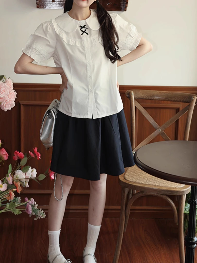 日系藏青色短裙夏季学院风宽松松紧半身裙小个子短款显瘦A字伞裙