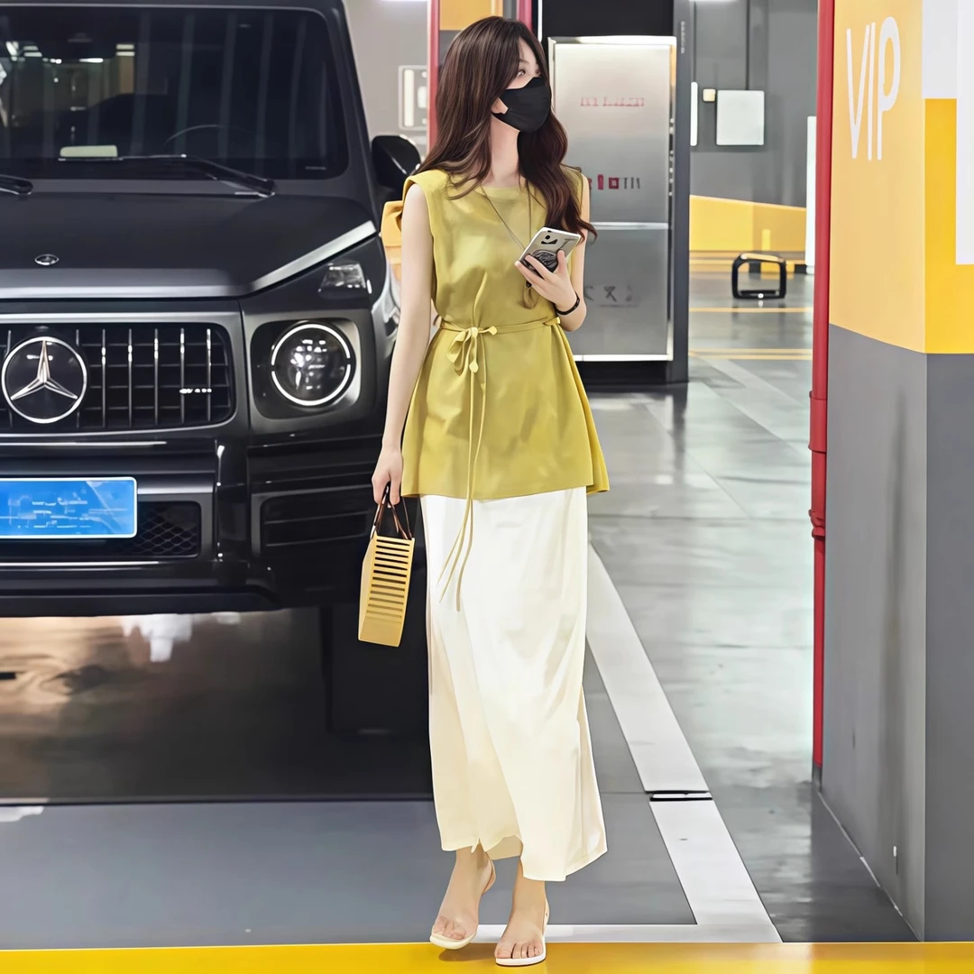 新中式国风套装女2025新款提花休闲气质无袖上衣缎面半裙三件套