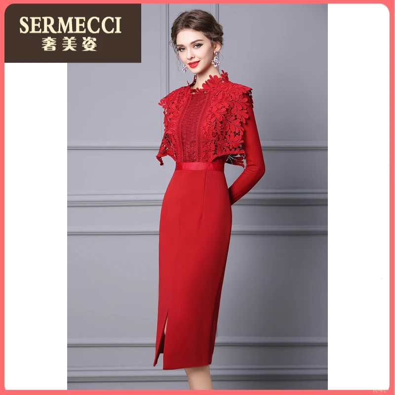 连衣裙气质爆款奢美姿春秋2025年新款漂亮蕾丝长袖打底红色长裙
