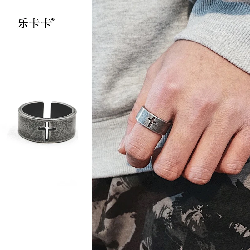 钛钢戒指 男士嘻哈个性学生单身指环霸气简约十字架复古食指戒指