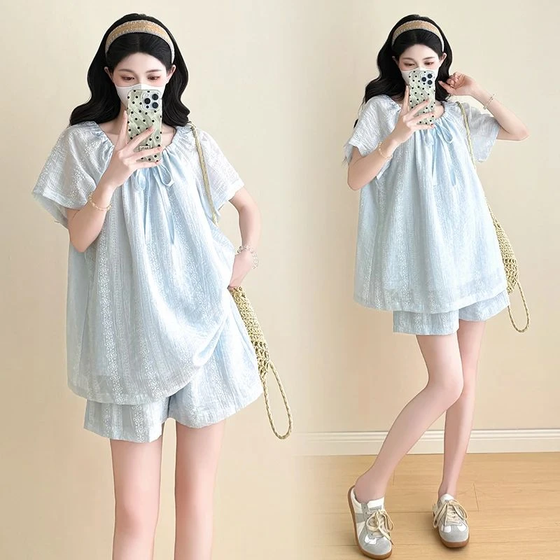 时髦孕妇装夏装新款时尚韩版薄款显瘦短袖系带衬衣休闲短裤两件套