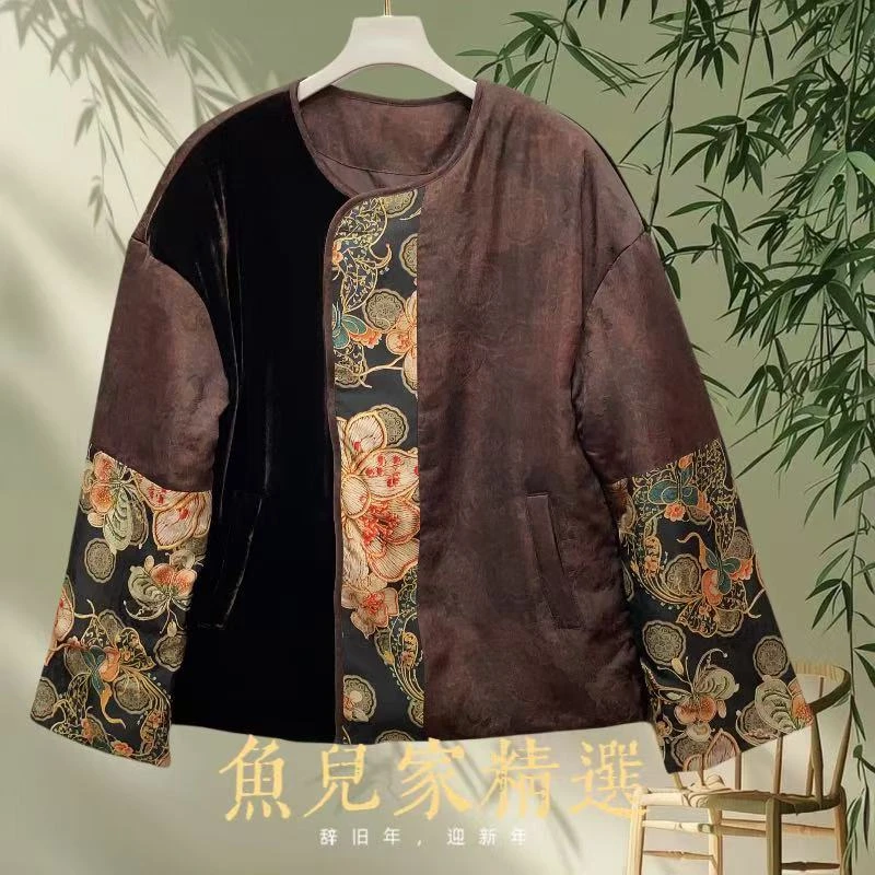 7707X真丝绒相拼提花缎 新中式百搭厚外套薄棉衣