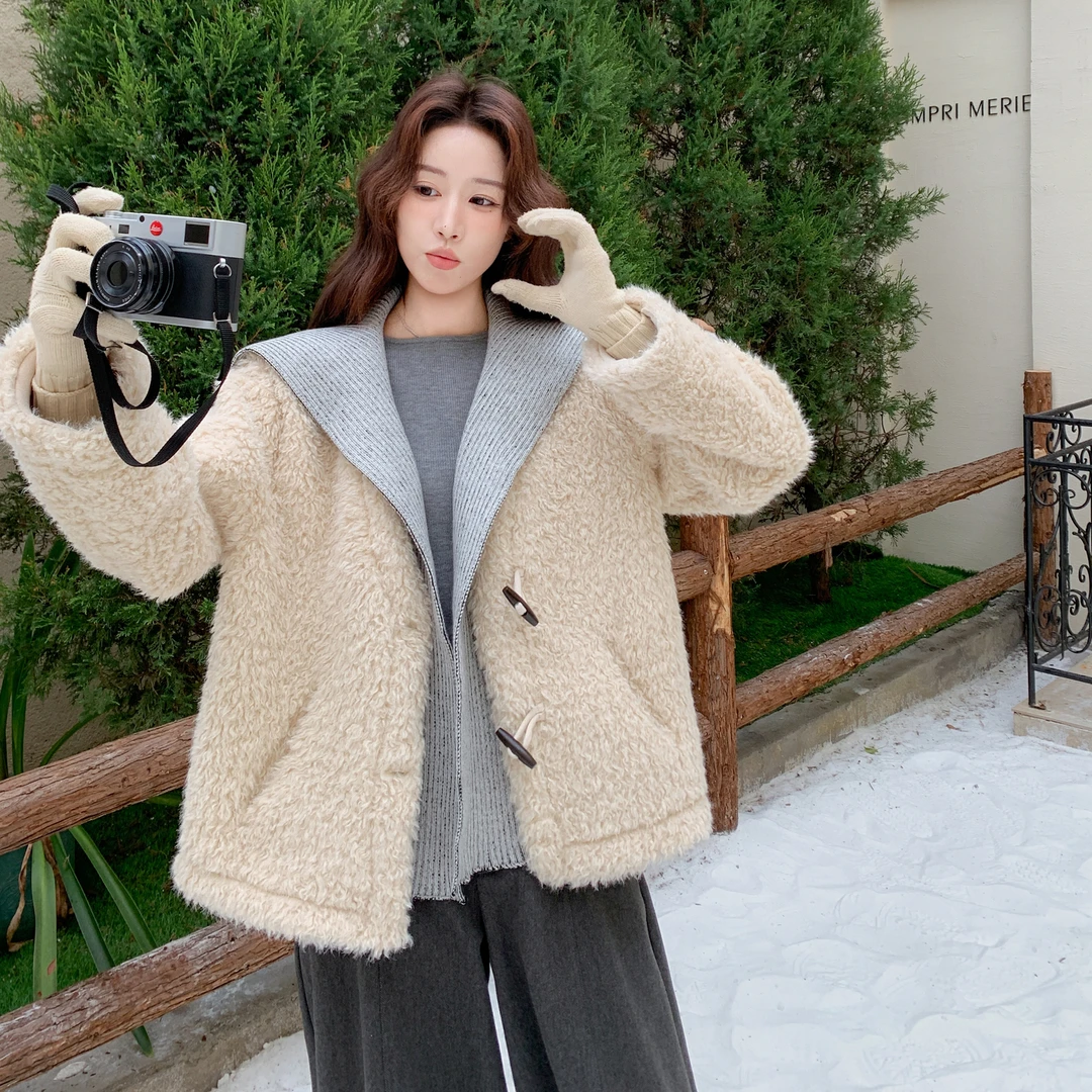 针织拼接海军领皮毛一体羊羔毛外套女冬季新款小个子短款加厚棉服