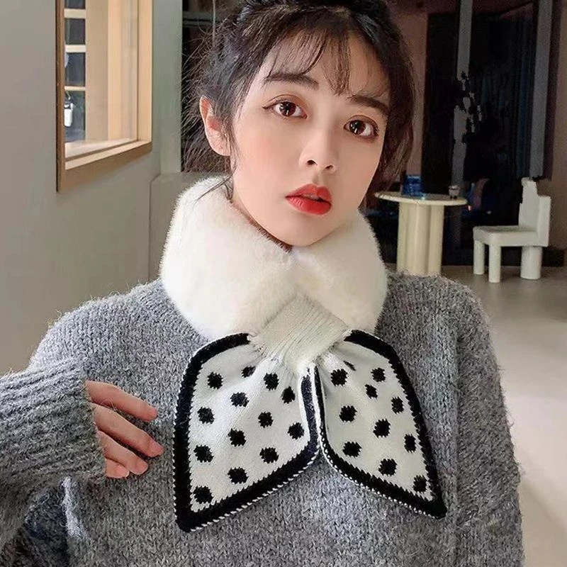 冬季保暖围脖护颈女新款圆点时尚交叉围脖韩版加绒加厚百搭小围巾