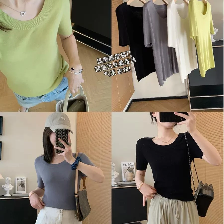 大叮自制清仓【鹅蛋领T】凉感铜氨细坑条针织短袖！S5074