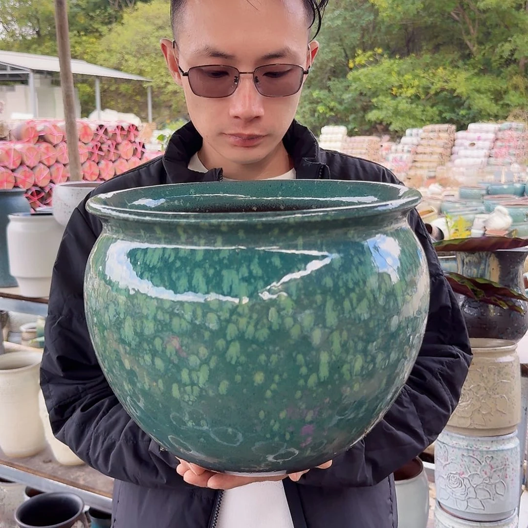 紫砂花盆口30高25（一个胖子雪花绿