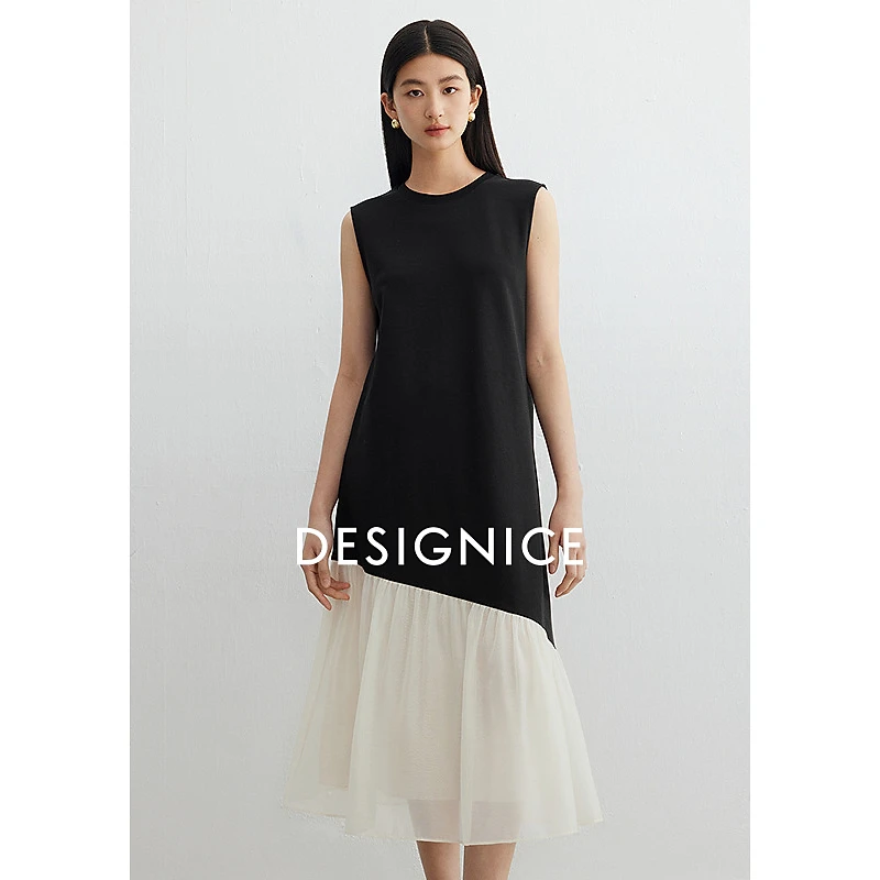 迪赛尼斯夏季通勤气质黑色背心长裙拼接无袖圆领连衣裙