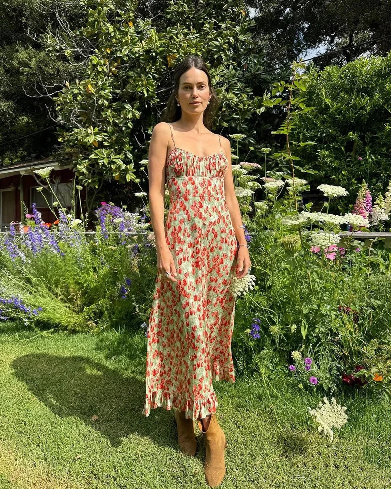 【真丝郁金香】复古碎花吊带连衣裙性感显瘦度假风花边裙S-7445