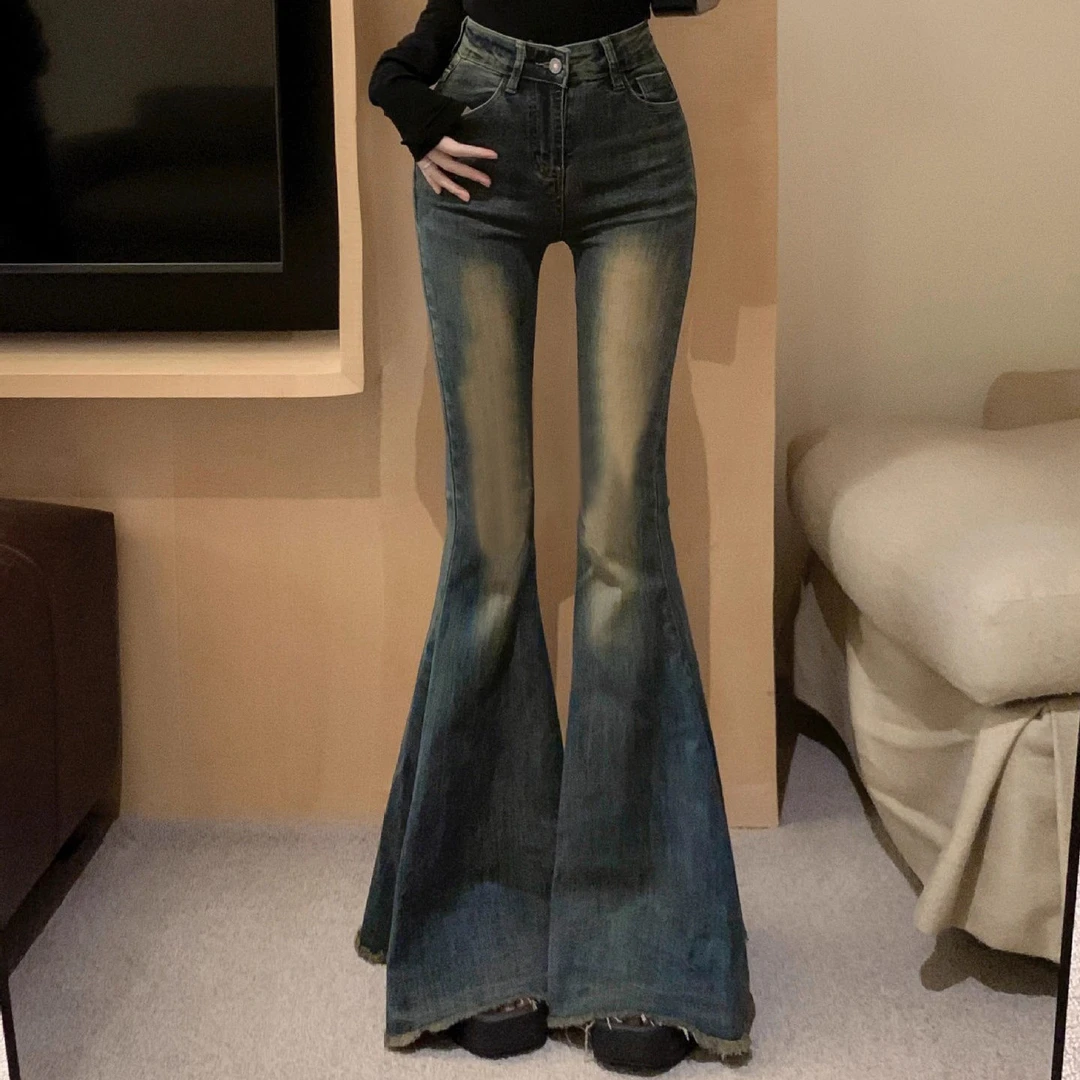 微喇叭牛仔裤女小个子港味复古弹力修身显瘦辣妹流苏鱼尾拖地长裤