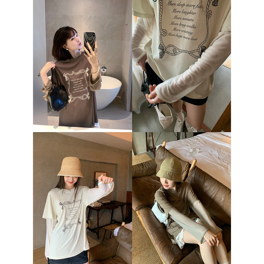 私服分享 超轻薄 松驰感拼接网纱印花假两件T恤 503TX7