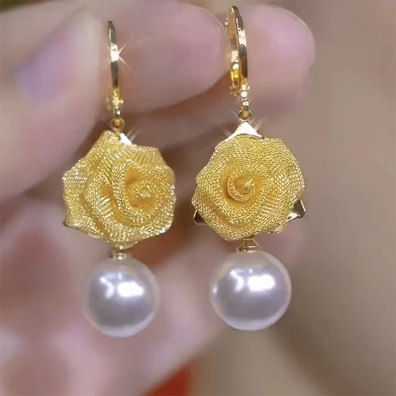 铜合金耳饰 金色玫瑰花珠珠耳坠高级感优雅时尚轻奢耳环爆款耳饰