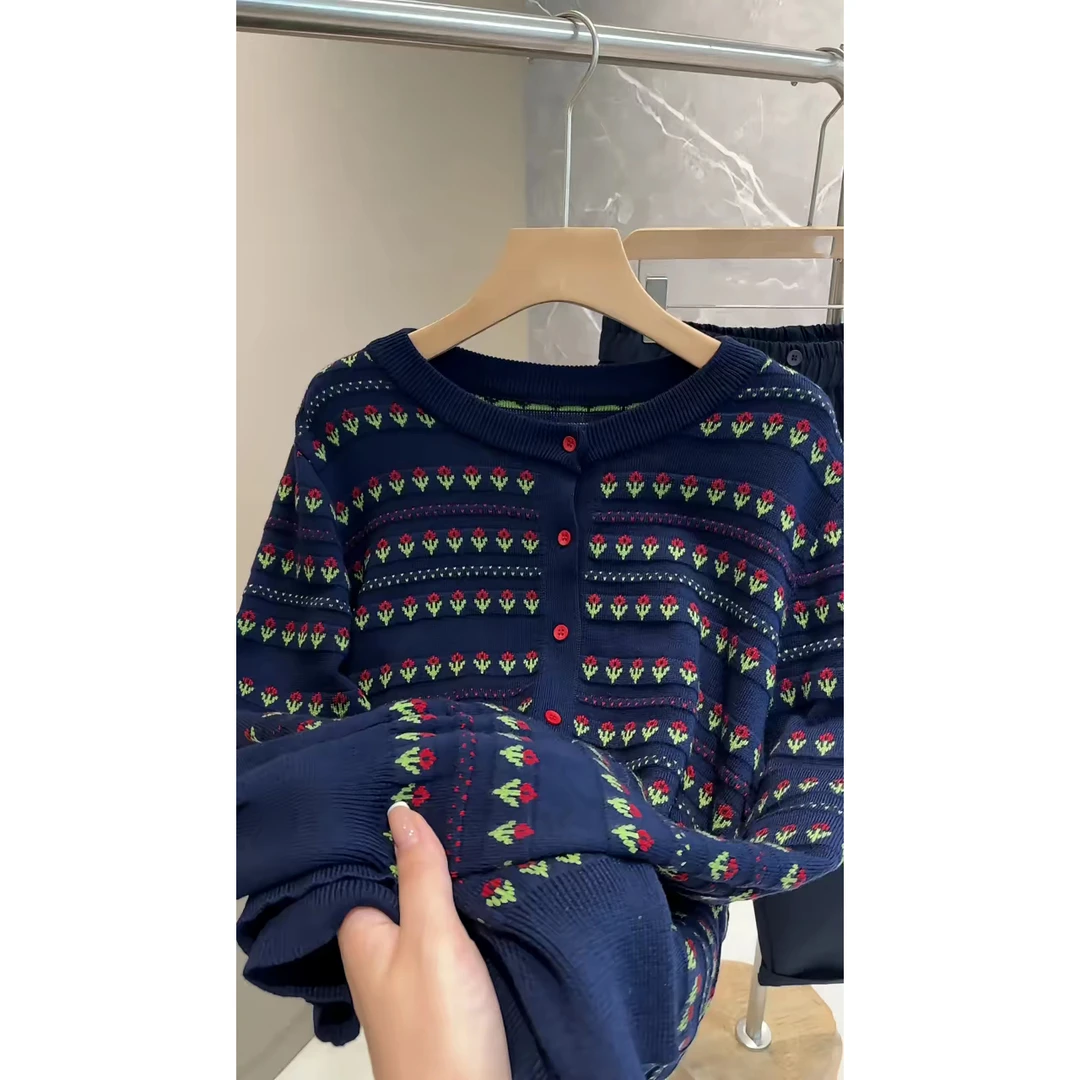 欧货秋冬时尚百搭智性风郁金花针织碎花开衫