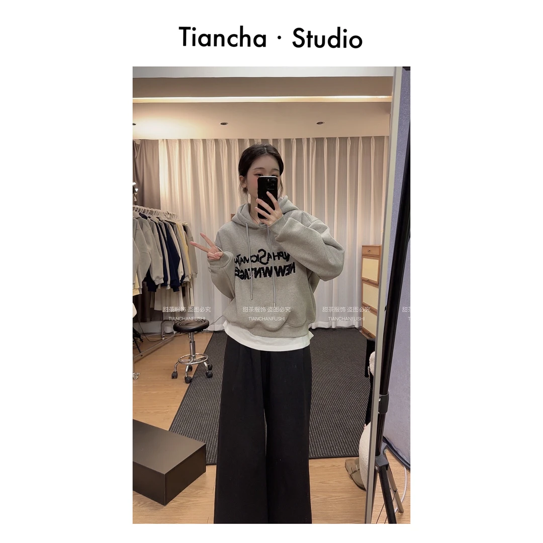 sweet c【亮片字母】冬季百搭韩风加绒加厚连帽卫衣百搭显瘦P226#