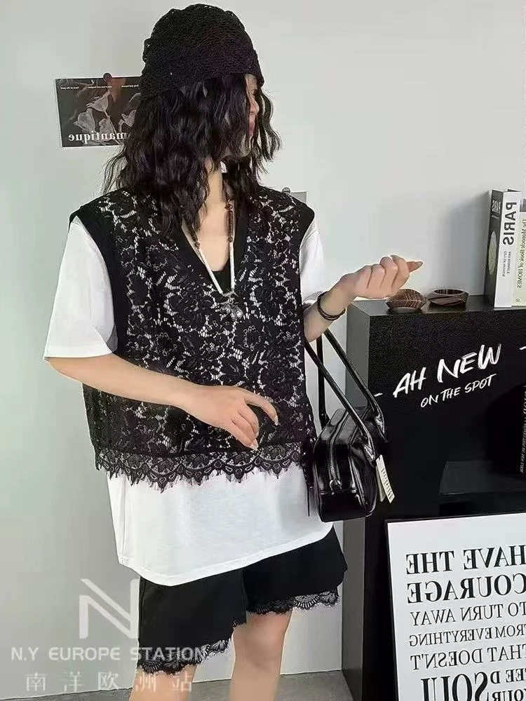 25553-3782 蕾丝拼接假两件设计短袖T恤