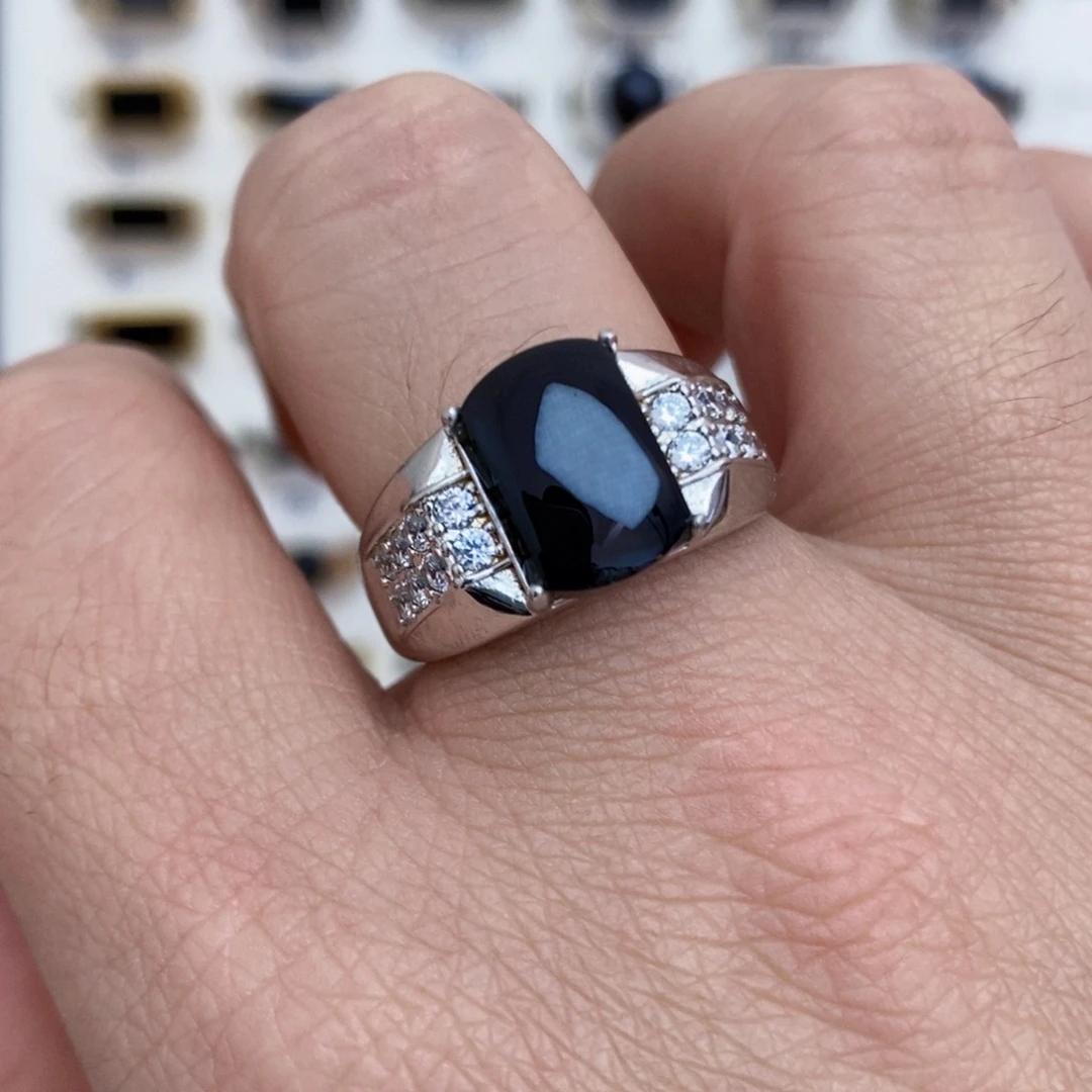 翡翠银S925镶嵌戒指墨翠戒指