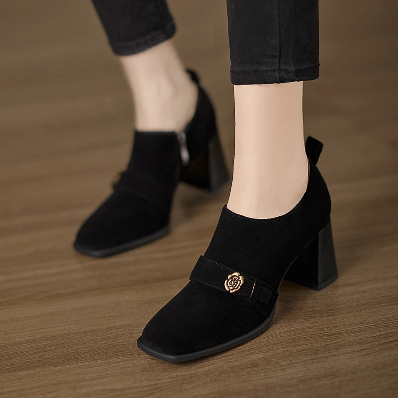 修悦手工女鞋7cm小个子高跟鞋不累脚方头粗跟单鞋羊猄皮小皮鞋女