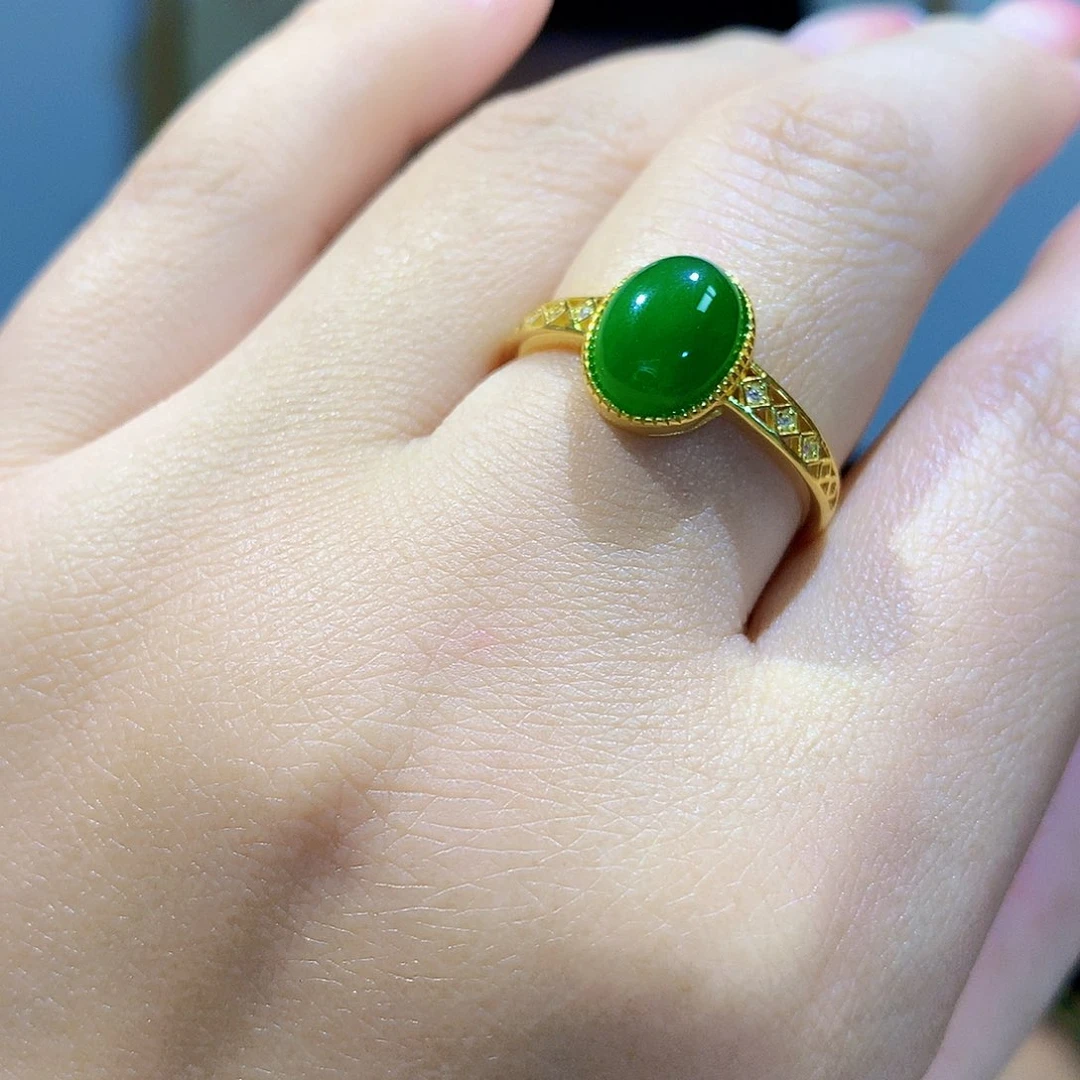 和田玉（碧玉）戒指银S925镀金镶嵌