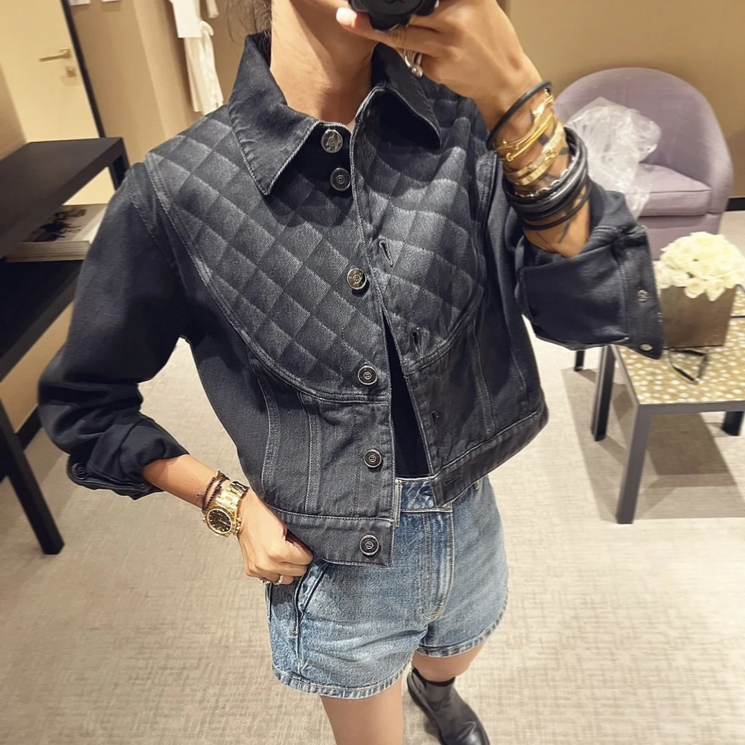 99新 Chanel/香奈儿 22b深灰色格纹设计经典翻领牛仔外套38码