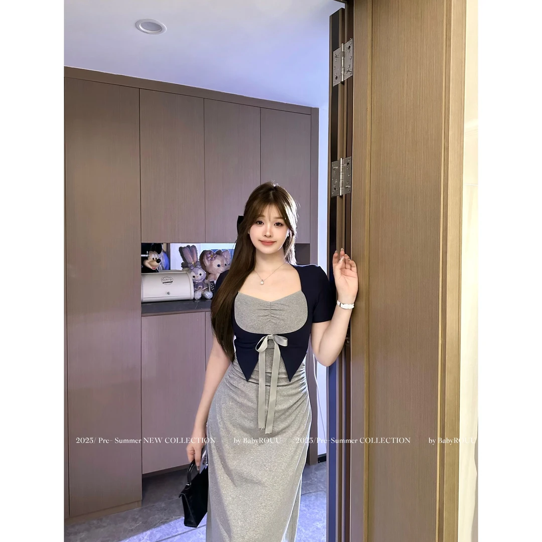 【现货】【戳心蛮腰】温与柔纯欲法式假两件撞色修身显瘦短袖连衣裙