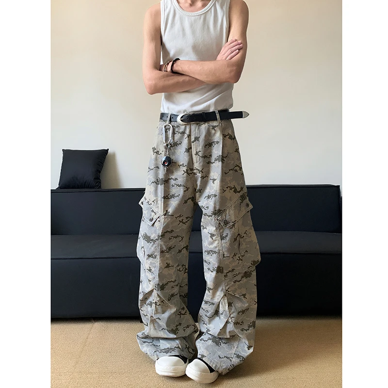 美式复古沙漠迷彩褶皱工装裤男女潮高街多口袋宽松阔腿伞兵休闲裤
