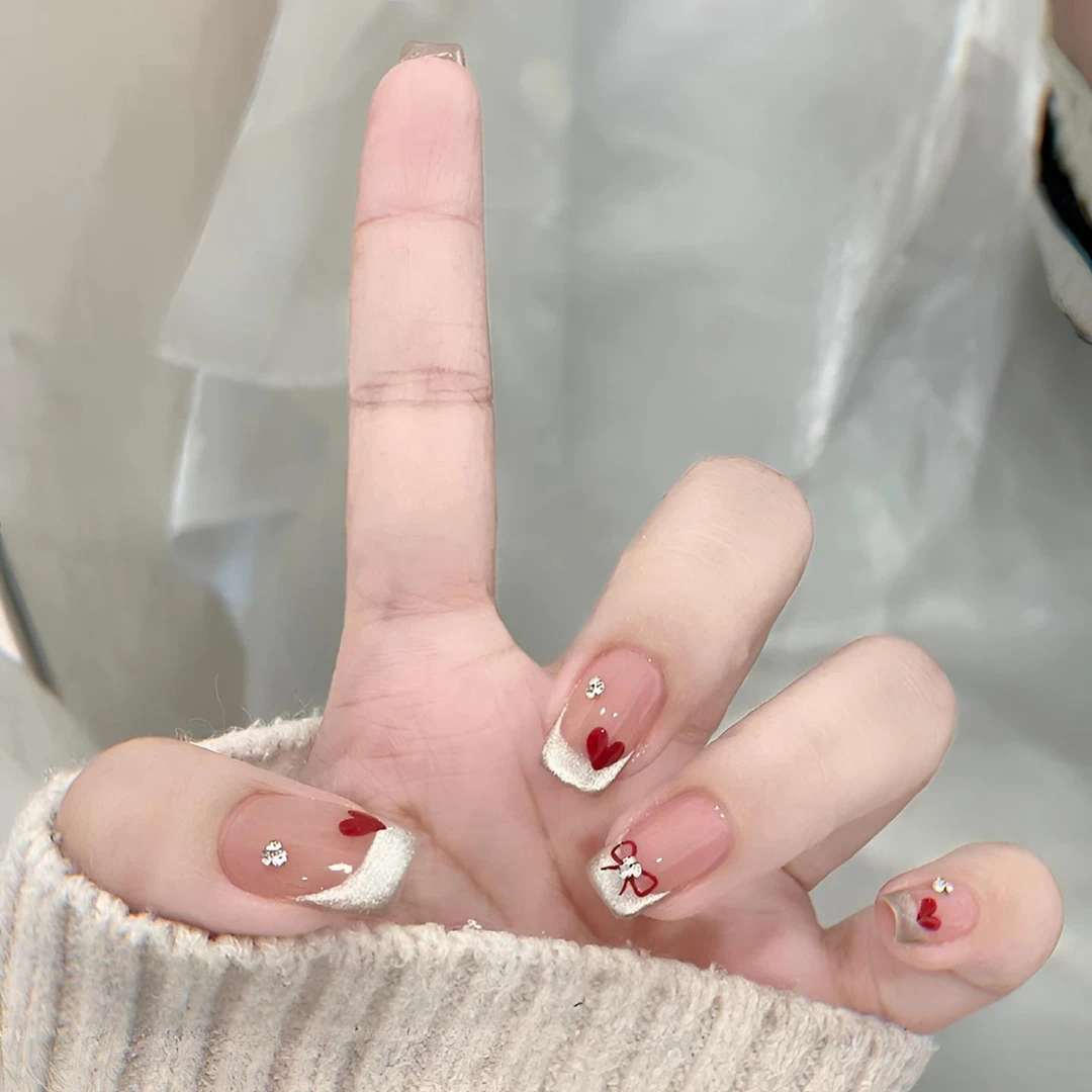 甜心少女短款纯手工穿戴甲温柔甜美晶石猫眼显白短梯薄款法式美甲