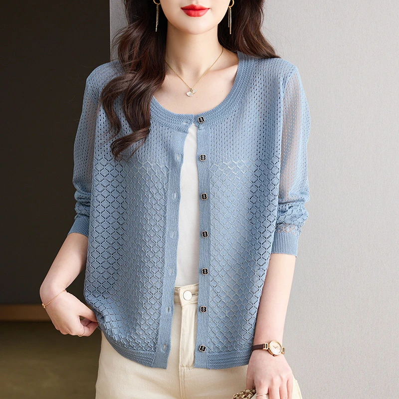 天丝针织衫镂空开衫女薄款小外套披肩夏季配裙子中年妈妈外搭上衣