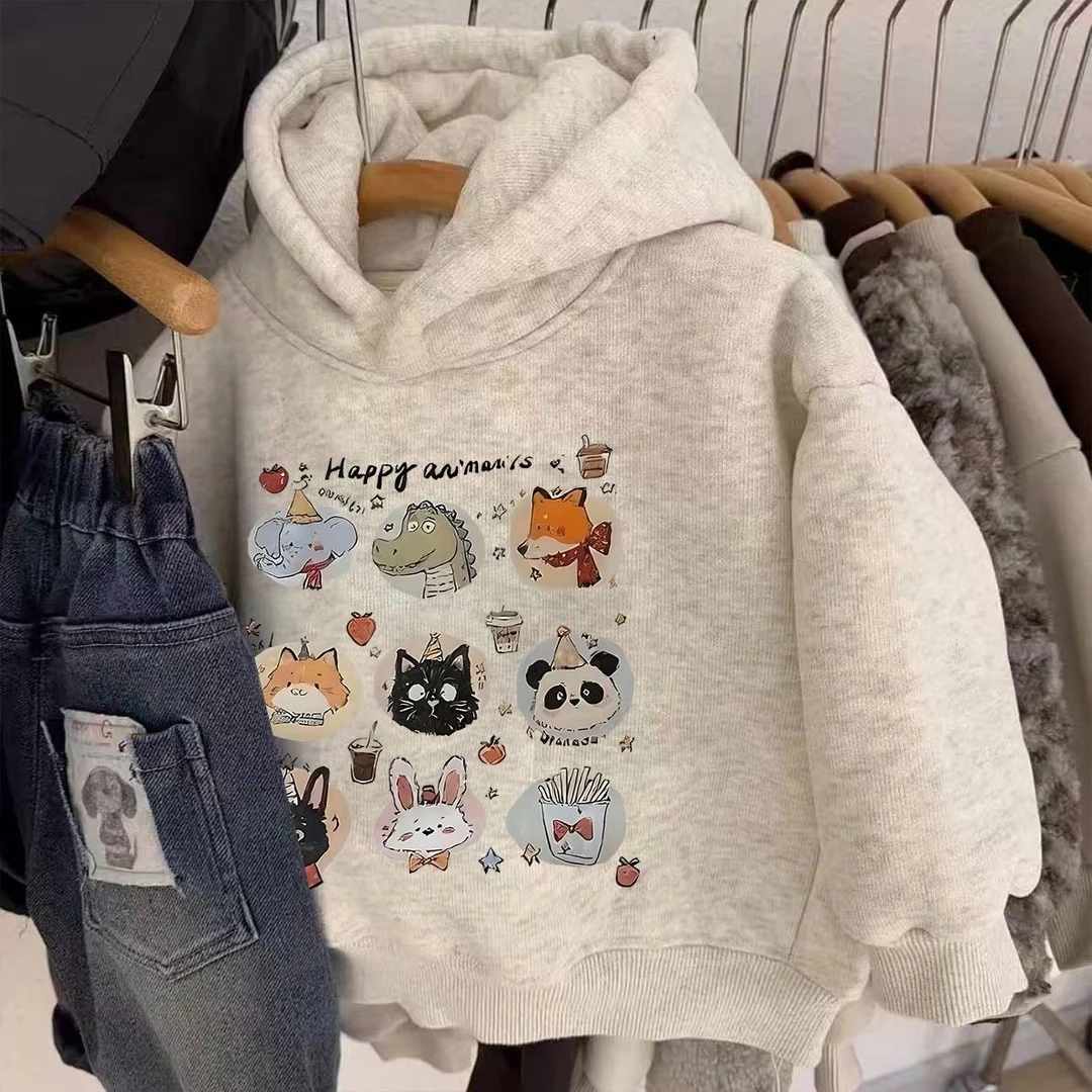 秋冬男童女童连帽新款卫衣印花恐龙米奇一体卡通上衣加绒宝宝洋气
