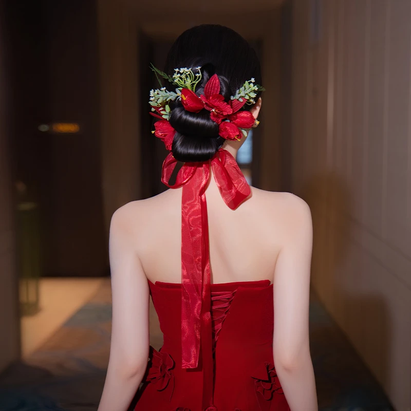 非金属布艺婚庆饰品 新中式新娘百搭缎面红色花朵敬酒头饰MC2820