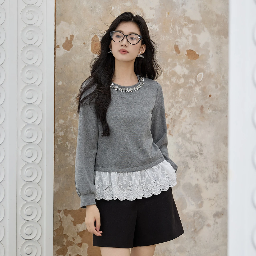 奢姿大码女装2025秋季时尚蕾丝花边拼接针织衫胖妹妹气质简约上衣