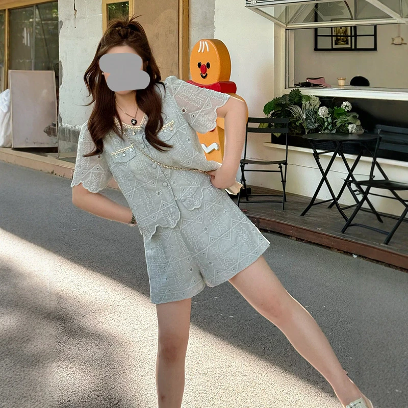 甜美镂空蕾丝时尚套装女夏季短袖小香风上夏季夏季女米色针织套装