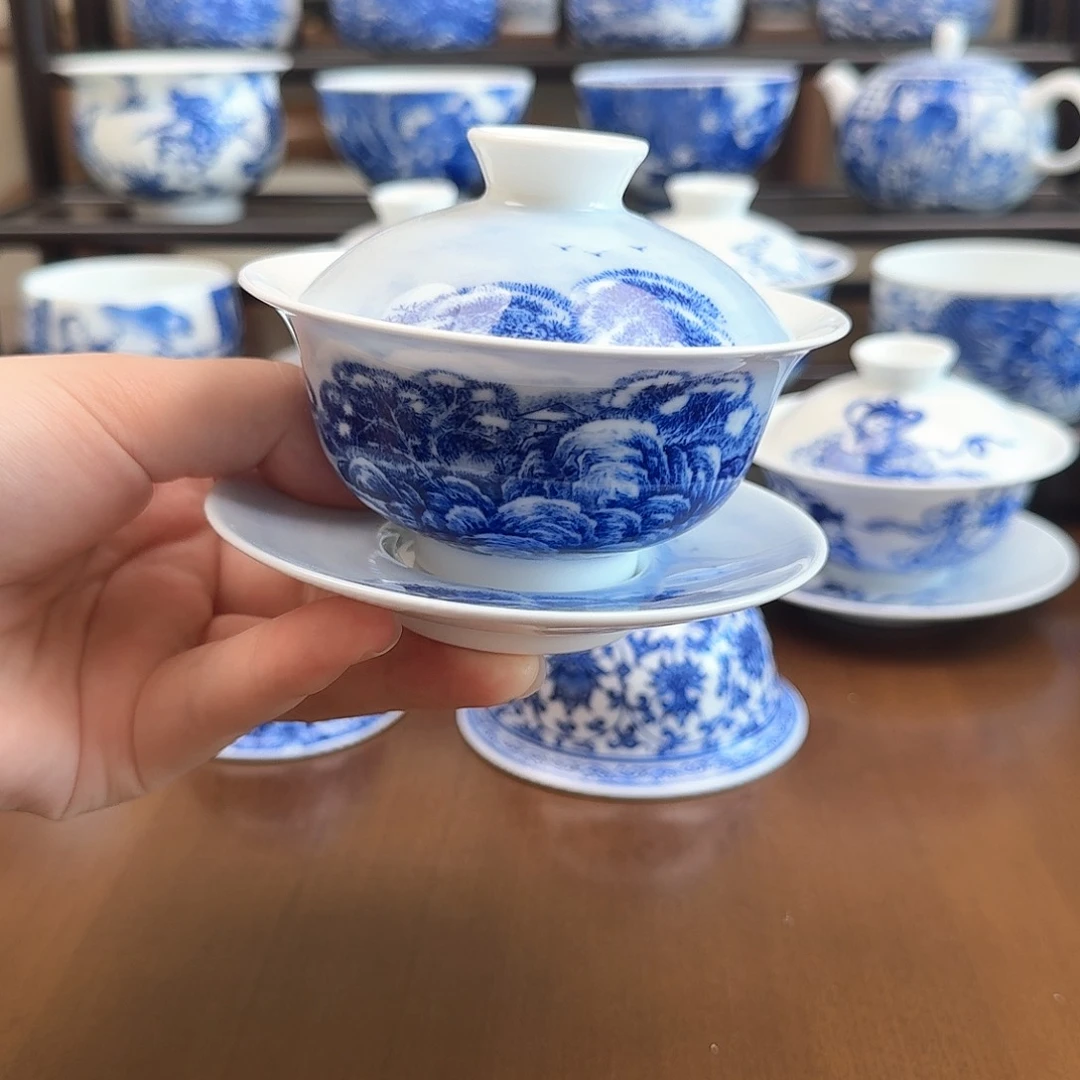 瓷片九段烧松石三才盖碗