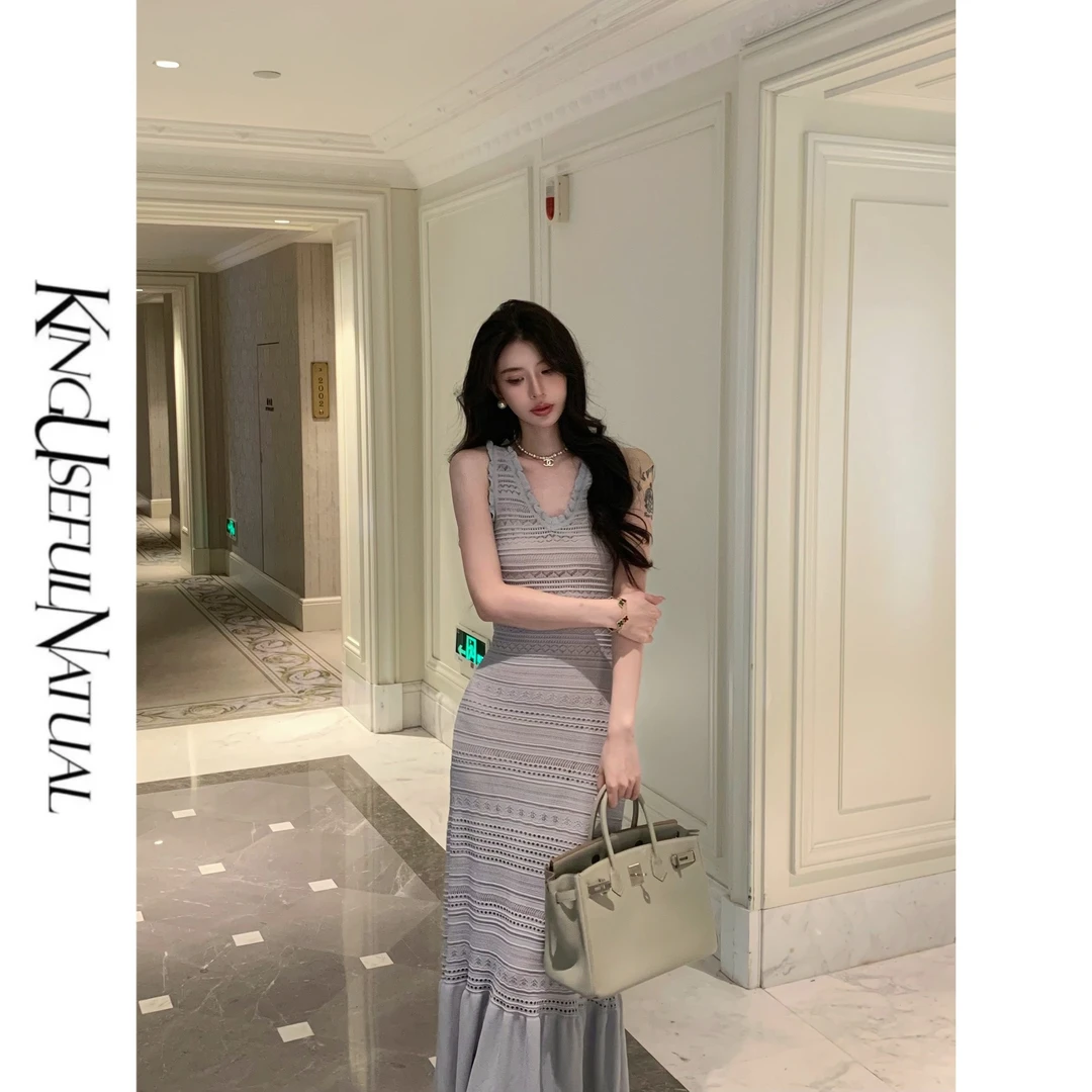 KUN【牧歌恋人】气质烟雨蓝 显瘦钩花镂空下摆荷叶边针织无袖连衣裙