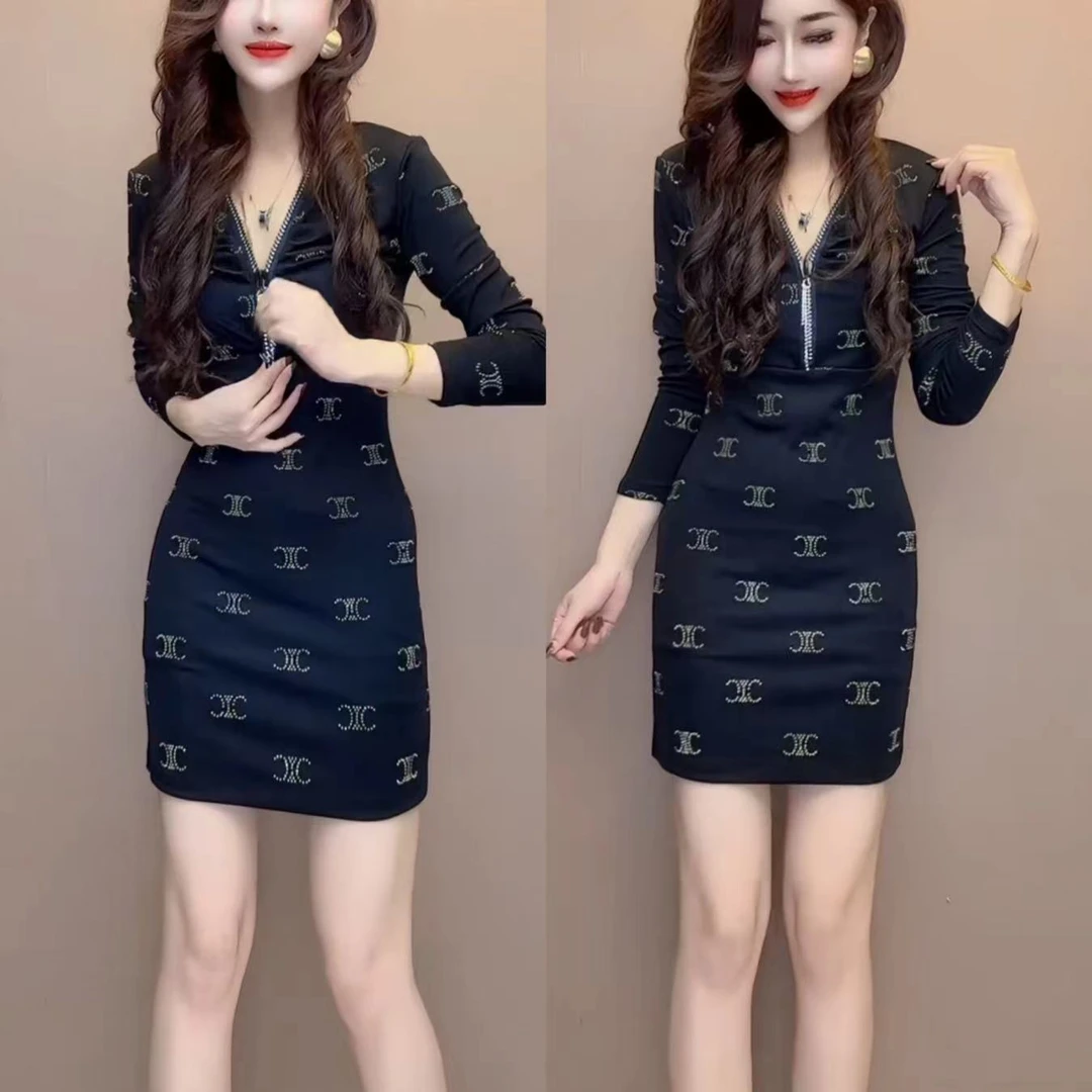 V领蝴蝶连衣裙性感修身工装裙修身小香风名媛