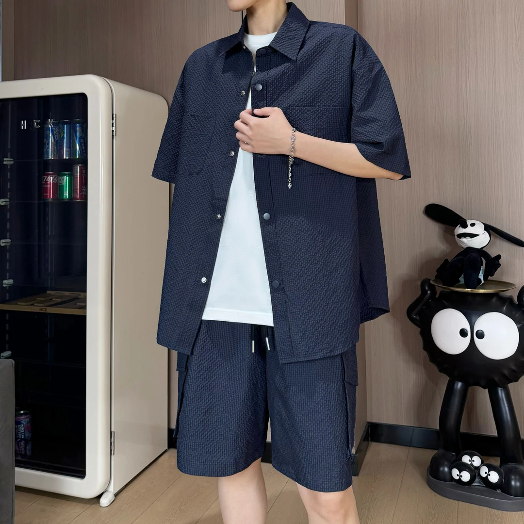 夏季松弛感短袖衬衫套装男士时尚休闲百搭潮流帅气两件套情侣同款
