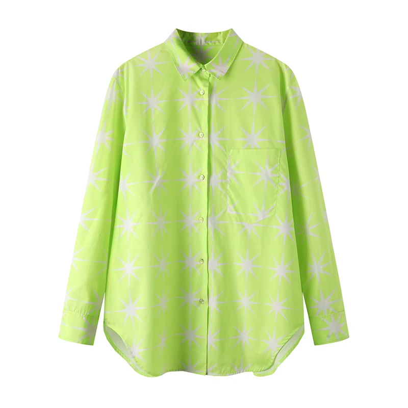 2024新款衬衫八芒星印花宽松通勤纯棉长袖衬衣女
