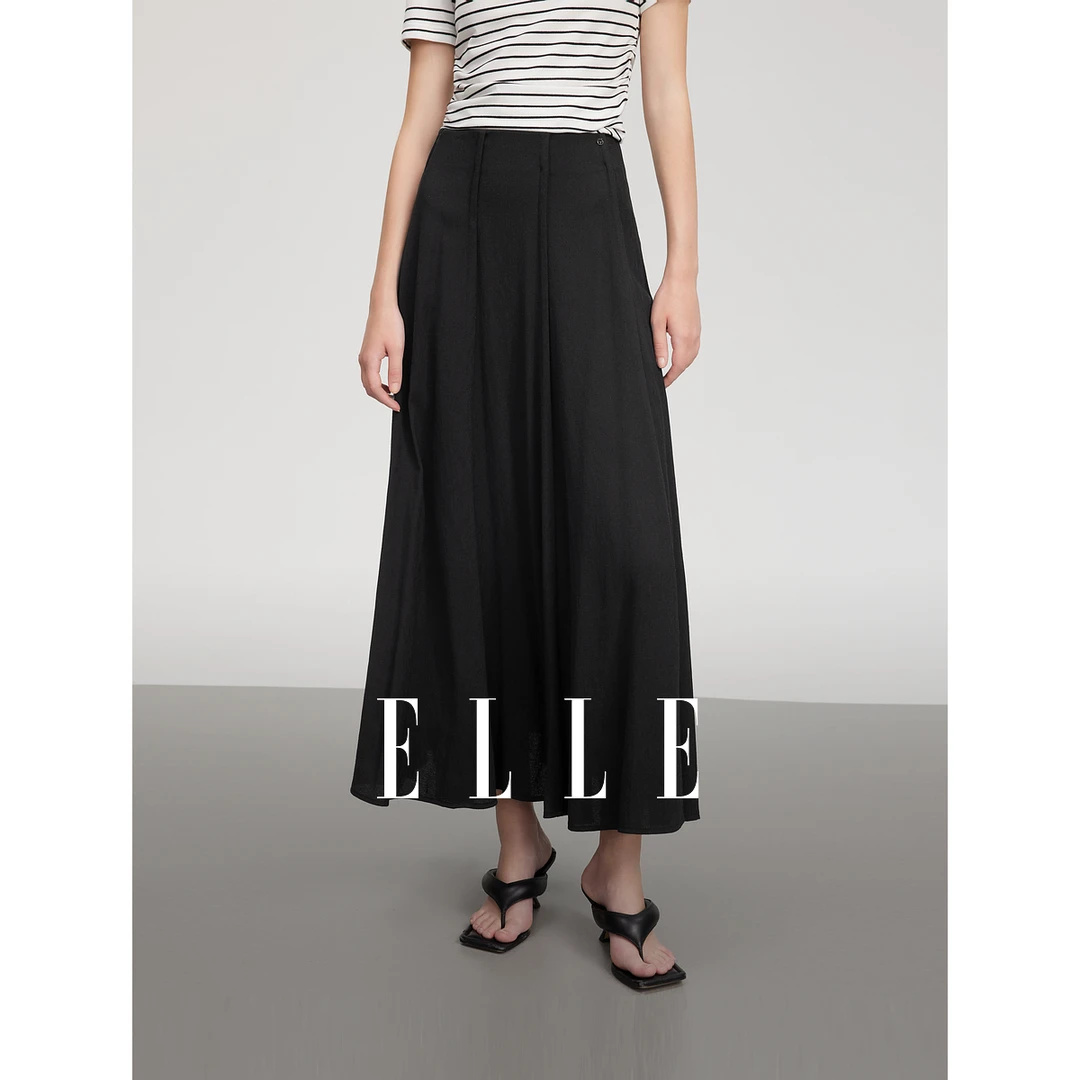 ELLE黑色高级感显瘦半身裙女2025夏季新款垂坠感高腰伞裙ER51156