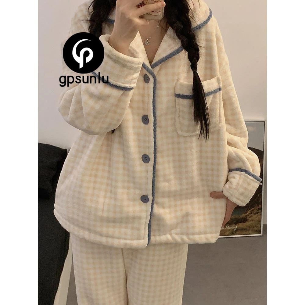 gpsunlu格子珊瑚绒保暖睡衣女秋冬韩版开衫加绒加厚法兰绒家居服