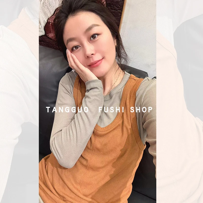 韩版撞色圆领『长袖+背心』时尚休闲两件套透气舒适薄款上衣